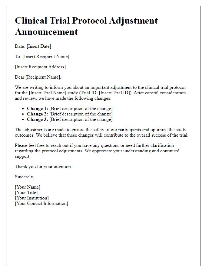 Letter template of clinical trial protocol adjustment announcement