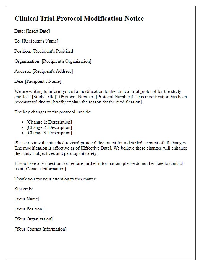 Letter template of clinical trial protocol modification notice