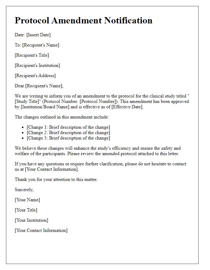 Letter template of protocol amendment for clinical research