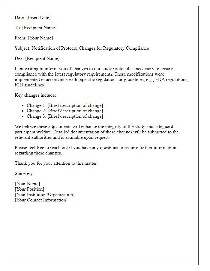 Letter template of protocol changes for regulatory compliance