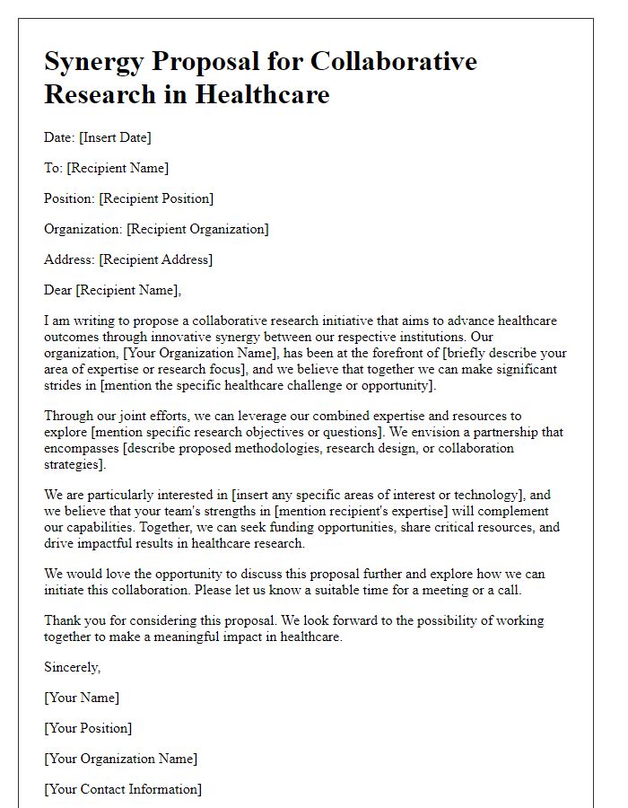 Letter template of synergy proposal for research in healthcare.