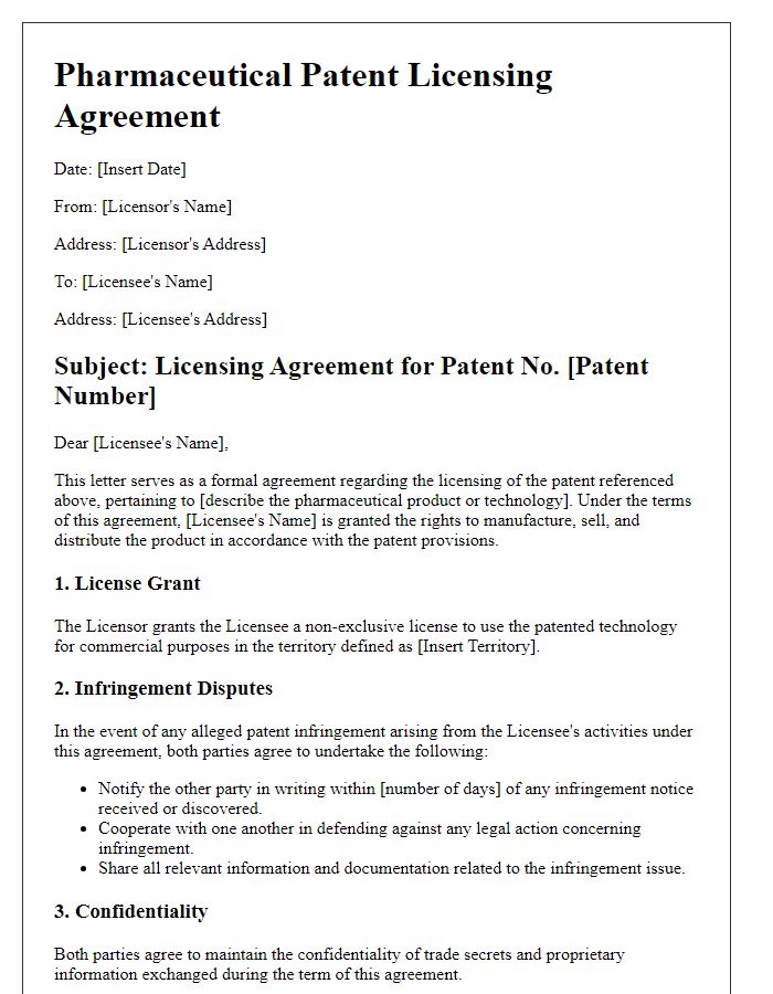 Letter template of pharmaceutical patent licensing agreement addressing infringement disputes.