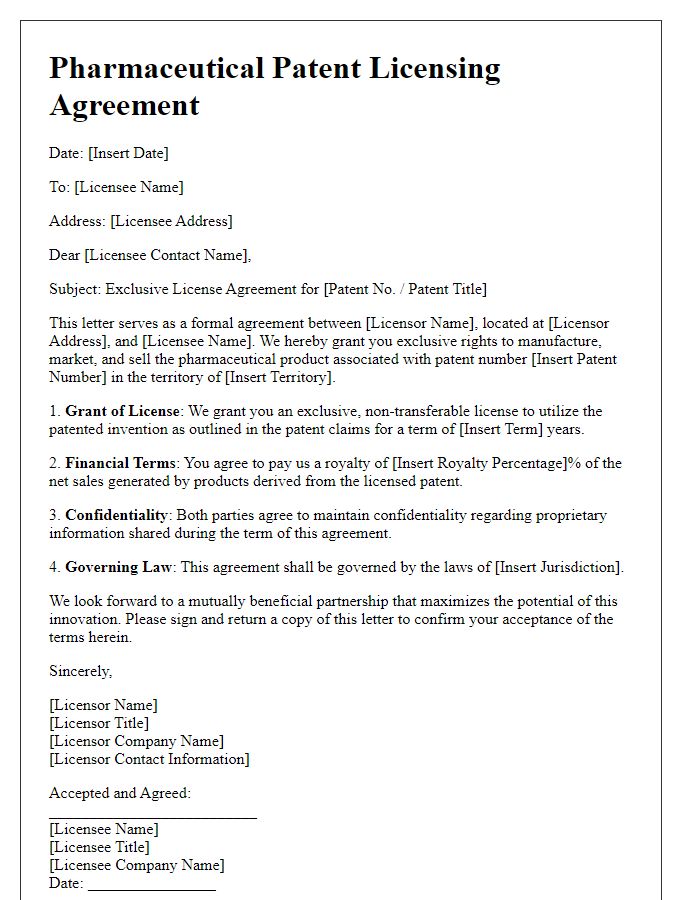 Letter template of pharmaceutical patent licensing agreement for exclusive rights.