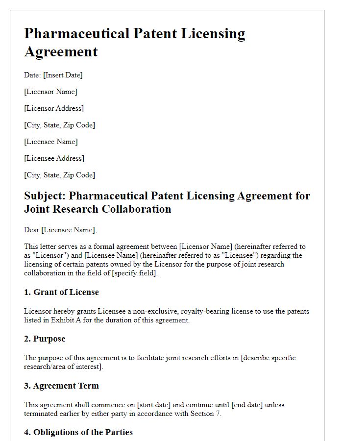 Letter template of pharmaceutical patent licensing agreement for joint research collaboration.