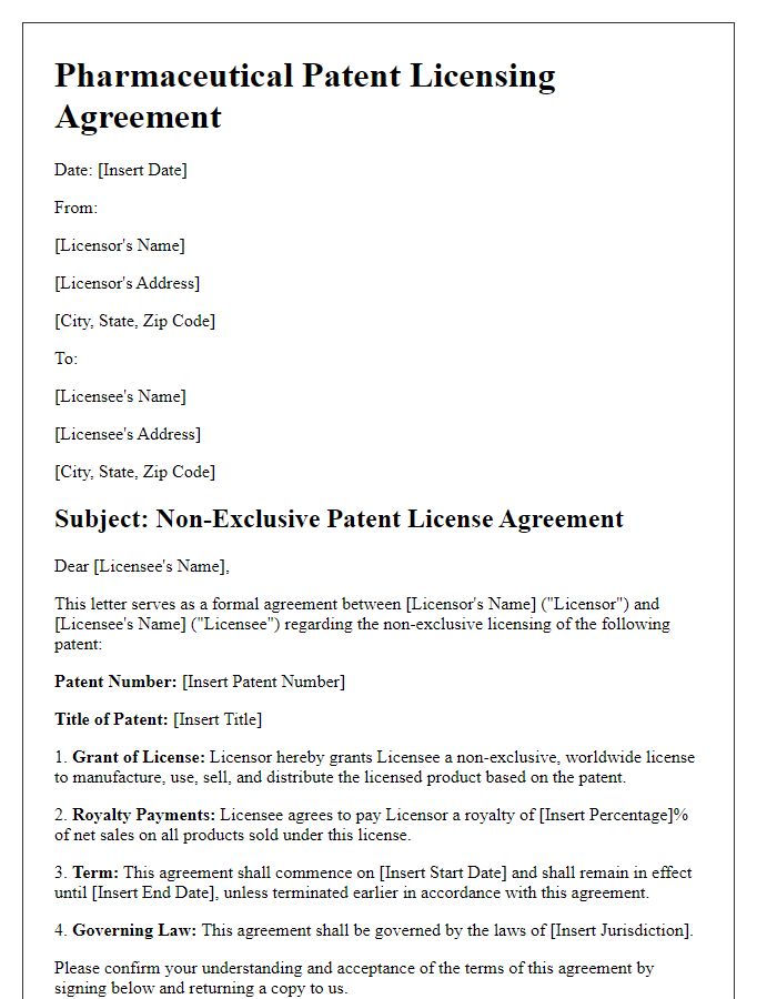 Letter template of pharmaceutical patent licensing agreement for non-exclusive rights.