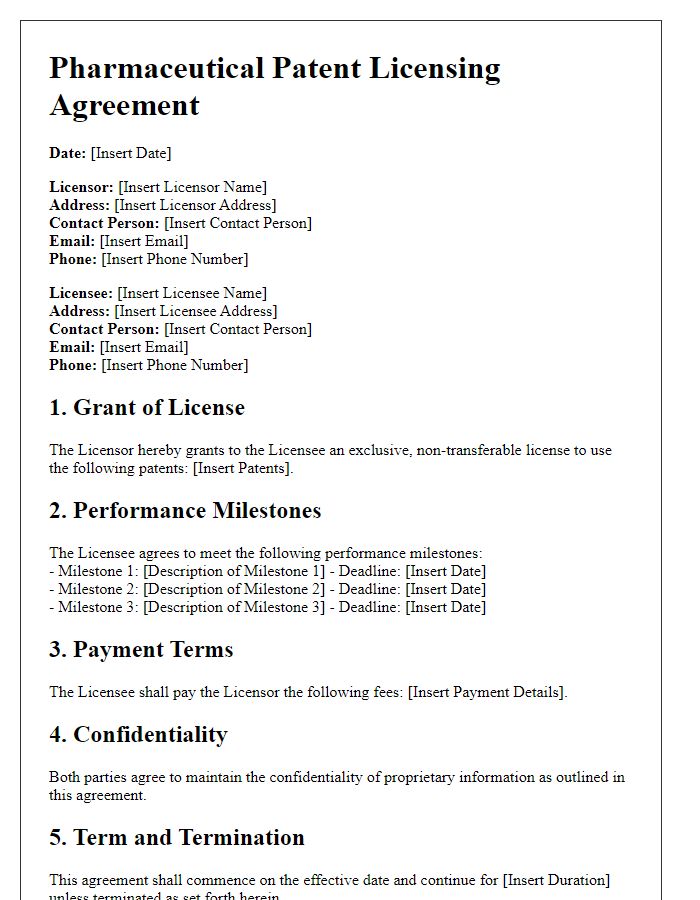 Letter template of pharmaceutical patent licensing agreement with performance milestones.