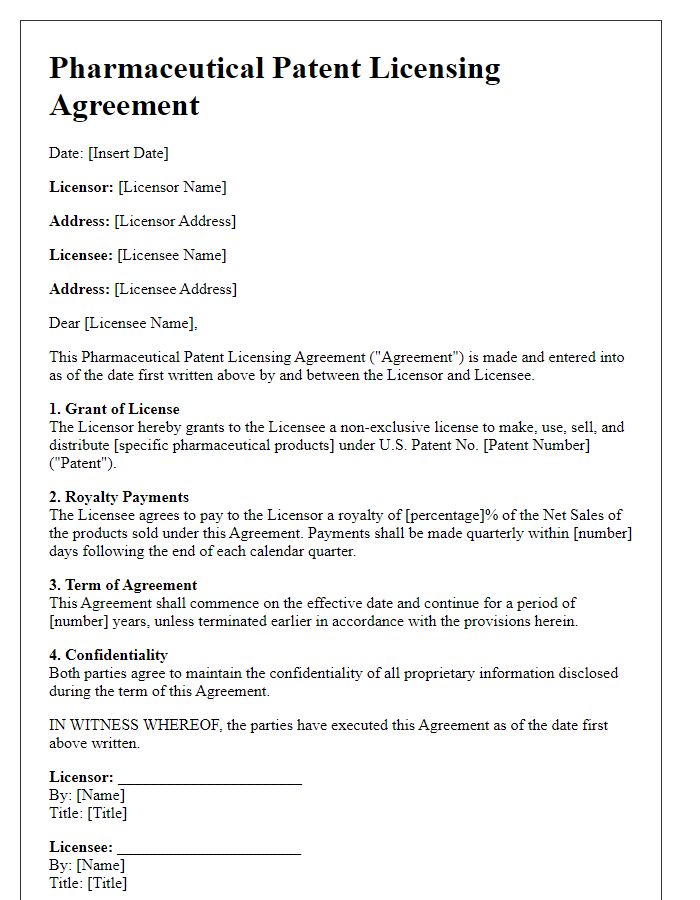 Letter template of pharmaceutical patent licensing agreement with royalty payments.