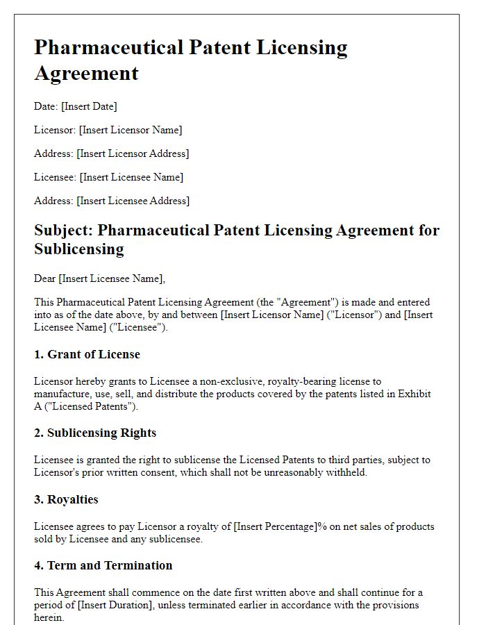 Letter template of pharmaceutical patent licensing agreement for sublicensing options.