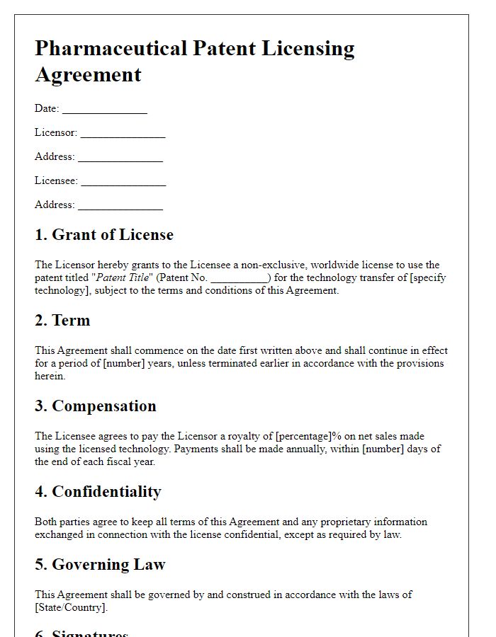 Letter template of pharmaceutical patent licensing agreement for technology transfer.