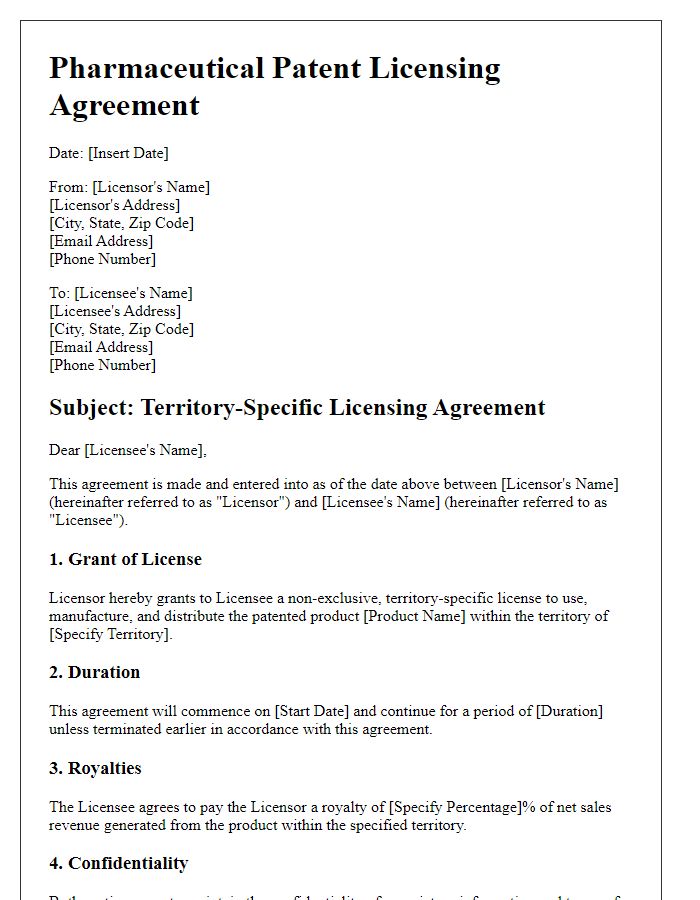 Letter template of pharmaceutical patent licensing agreement for territory-specific licensing.