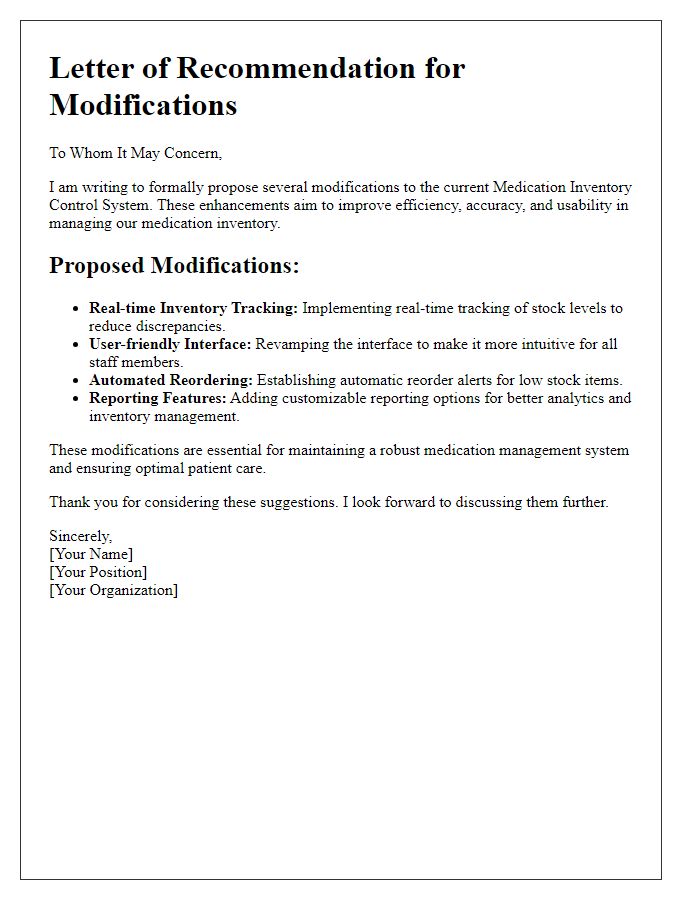 Letter template of medication inventory control system modifications