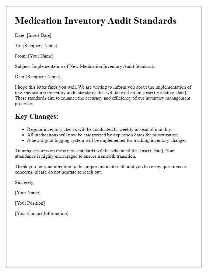 Letter template of new medication inventory audit standards