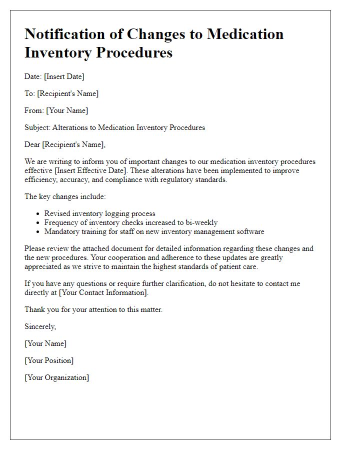 Letter template of notification regarding medication inventory procedure alterations