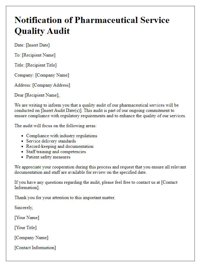 Letter template of pharmaceutical service quality audit notification