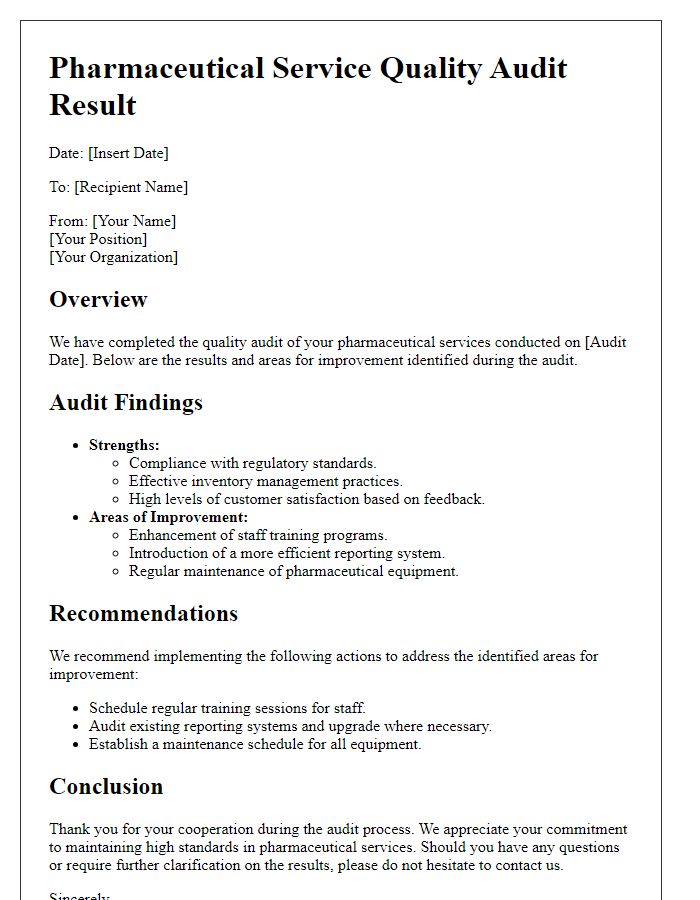 Letter template of pharmaceutical service quality audit result feedback