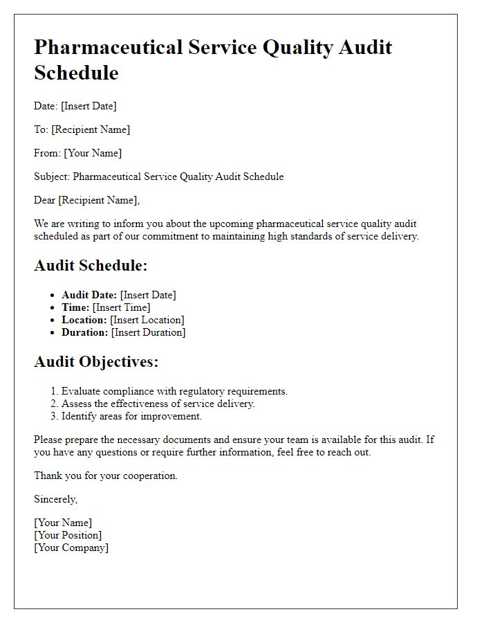 Letter template of pharmaceutical service quality audit schedule