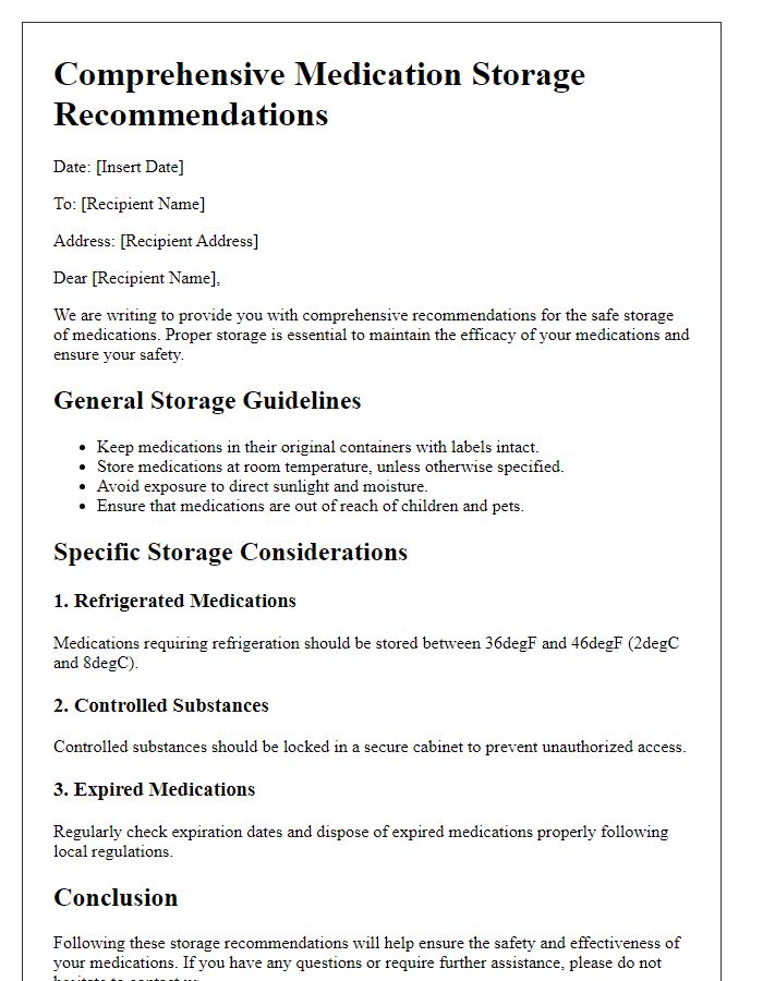 Letter template of comprehensive medication storage recommendations