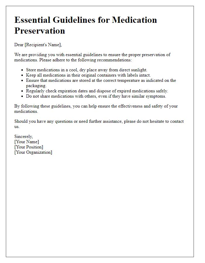 Letter template of essential guidelines for medication preservation