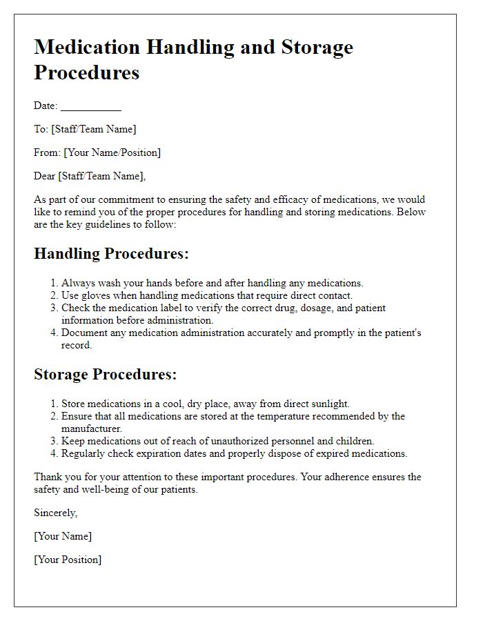 Letter template of medication handling and storage procedures