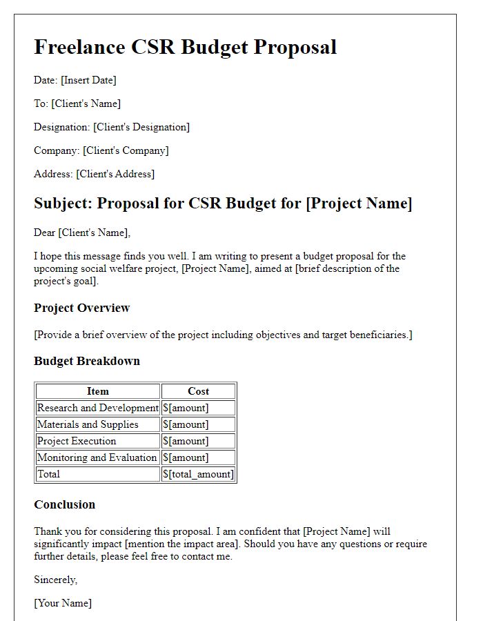 Letter template of freelance CSR budget proposal for social welfare projects