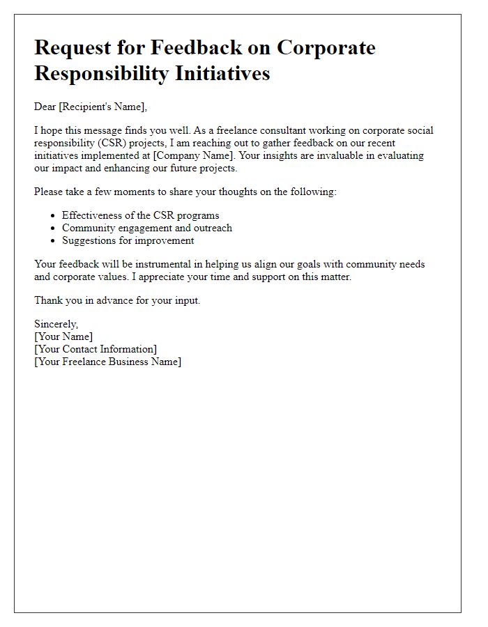 Letter template of freelance CSR feedback request for corporate responsibility feedback