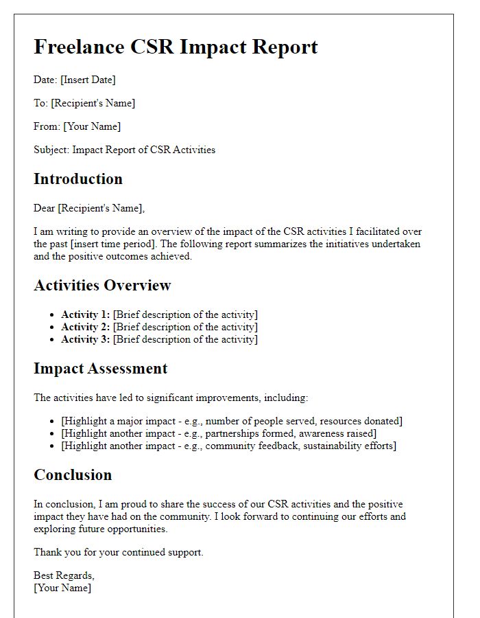 Letter template of freelance CSR impact report for previous activities