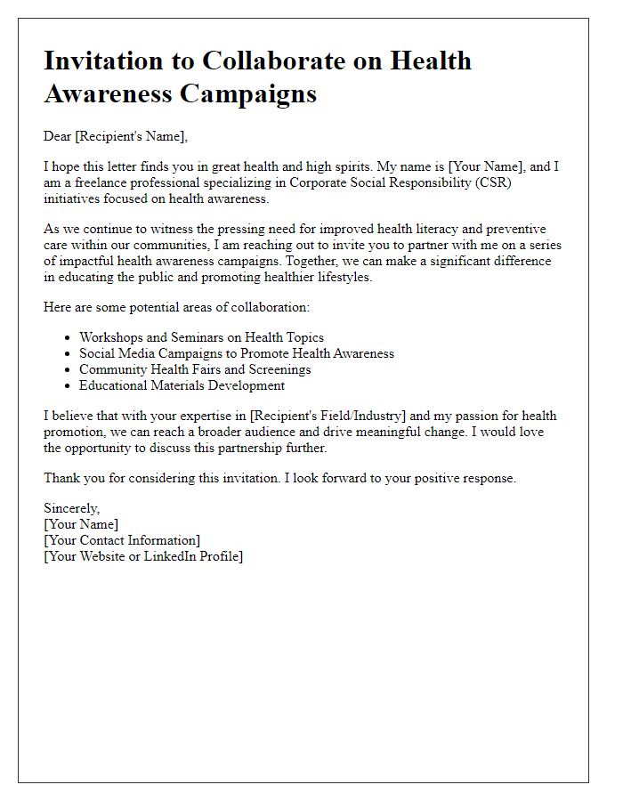 Letter template of freelance CSR partnership invitation for health awareness campaigns