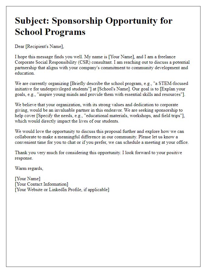 Letter template of freelance CSR sponsorship inquiry for school programs