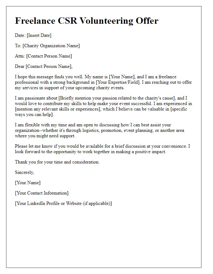 Letter template of freelance CSR volunteering offer for charity events