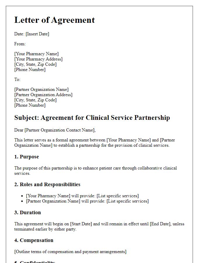 Letter template of agreement for pharmacy clinical service partnership