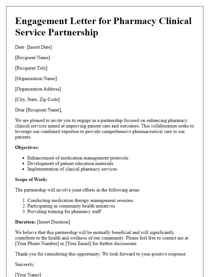 Letter template of engagement for pharmacy clinical service partnership