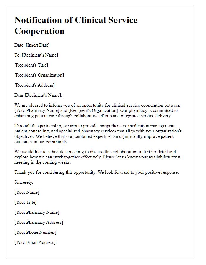 Letter template of notification for pharmacy clinical service cooperation