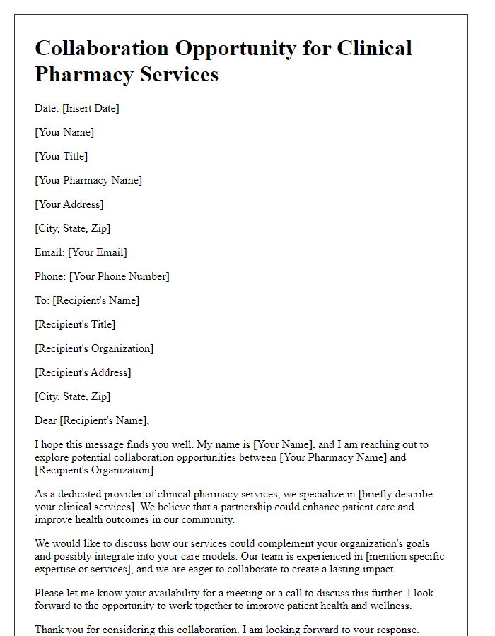 Letter template of outreach for pharmacy clinical service collaboration