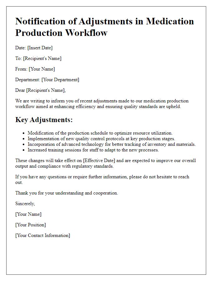 Letter template of adjustments in medication production workflow