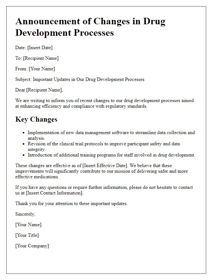 Letter template of changes in drug development processes