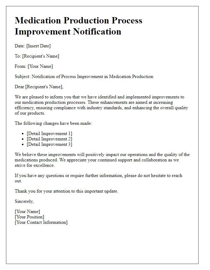 Letter template of medication production process improvement notification