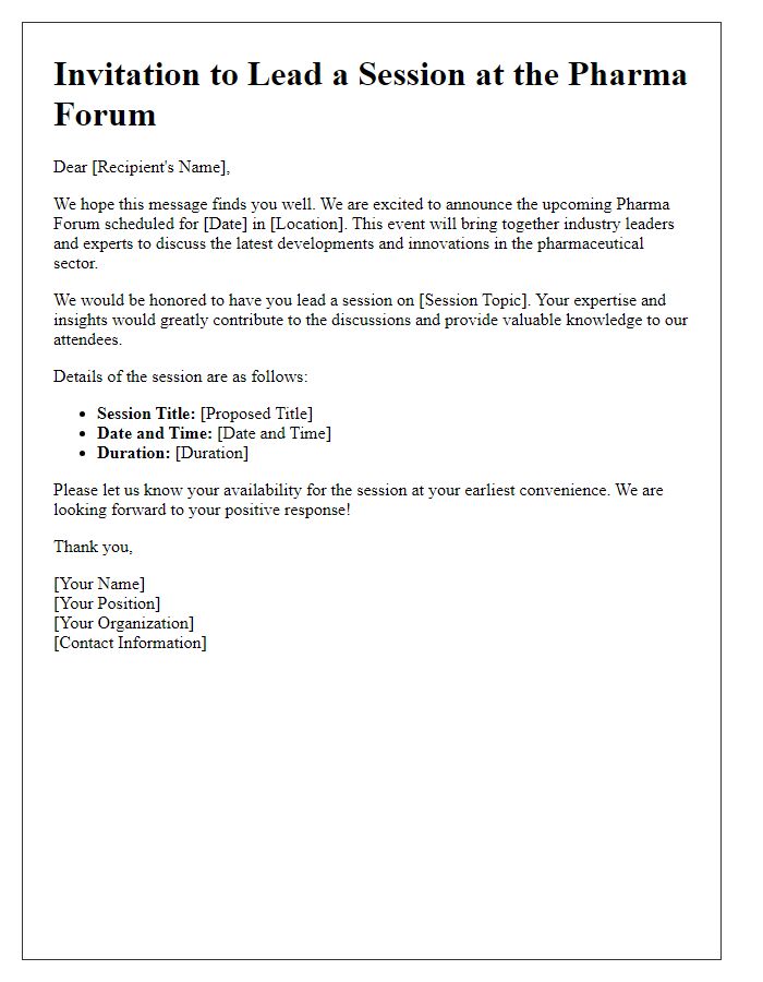 Letter template of invitation to lead a session in pharma forum