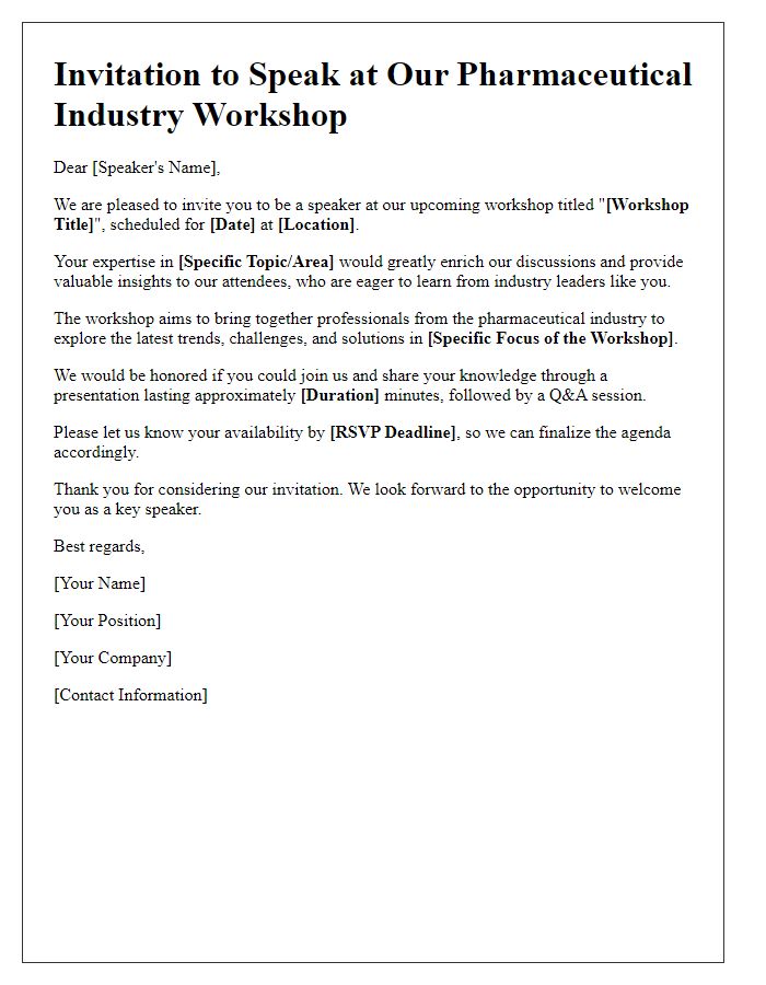 Letter template of speaker invitation for pharmaceutical industry workshop