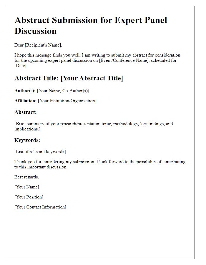 Letter template of healthcare presentation abstract submission for expert panel discussion.