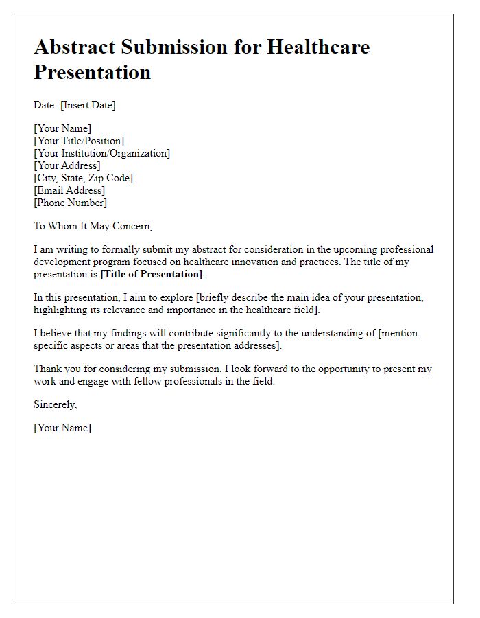 Letter template of healthcare presentation abstract submission for professional development program.