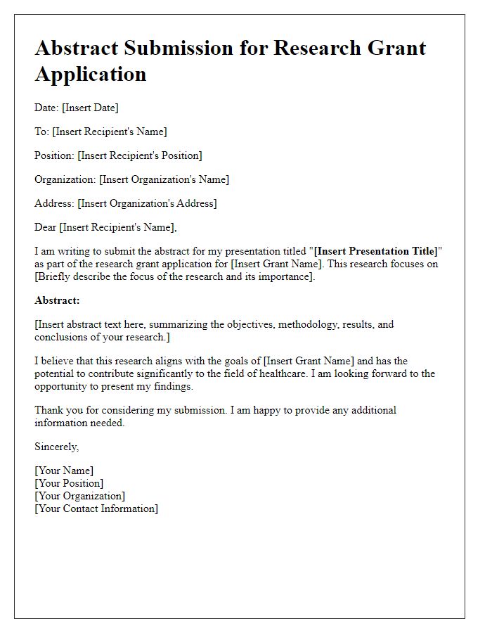 Letter template of healthcare presentation abstract submission for research grant application.