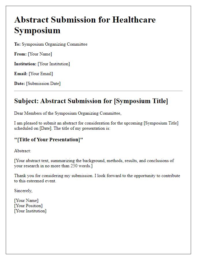 Letter template of healthcare presentation abstract submission for symposium consideration.