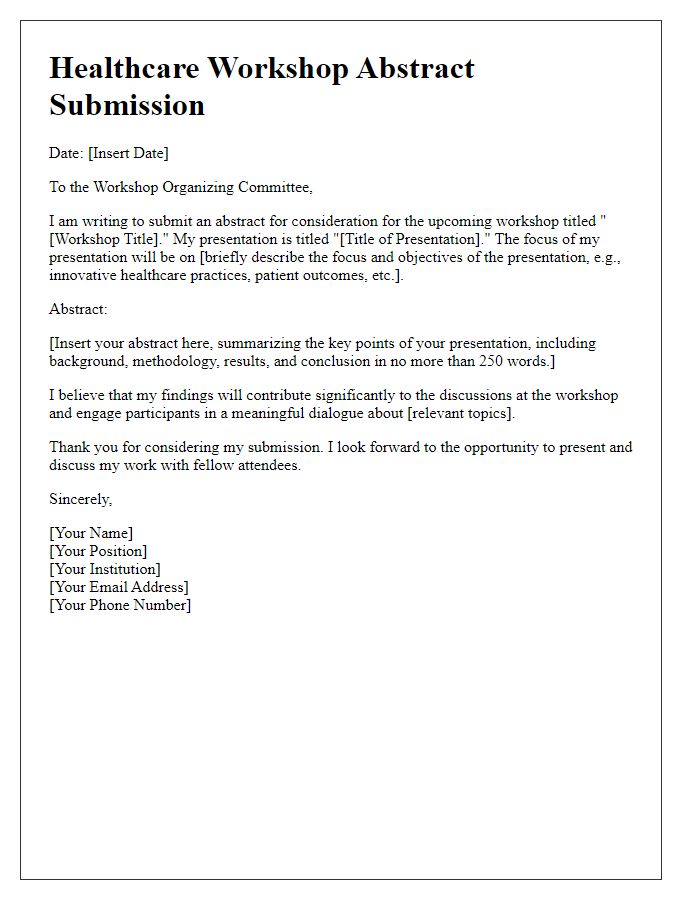 Letter template of healthcare presentation abstract submission for workshop proposal.