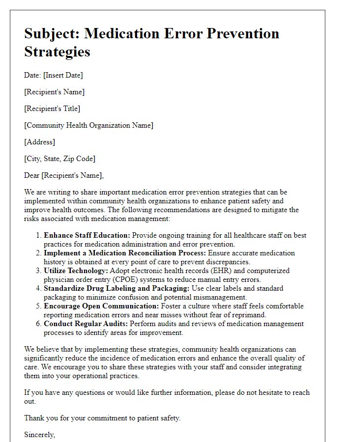 Letter template of medication error prevention strategies for community health organizations.