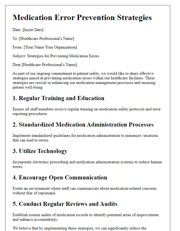 Letter template of medication error prevention strategies for healthcare professionals.