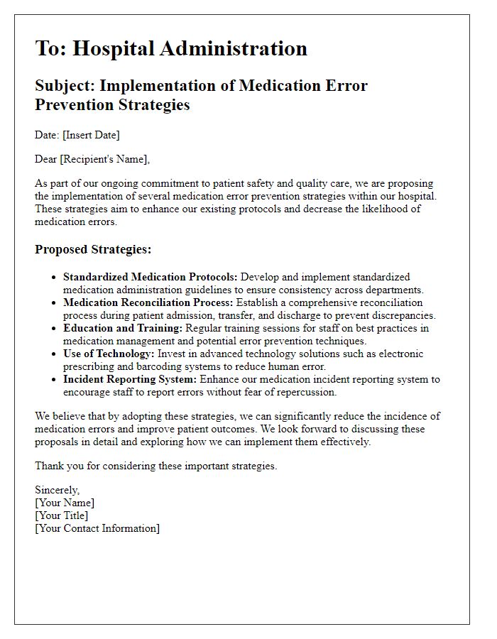 Letter template of medication error prevention strategies for hospital administration.