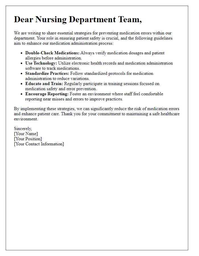 Letter template of medication error prevention strategies for nursing departments.