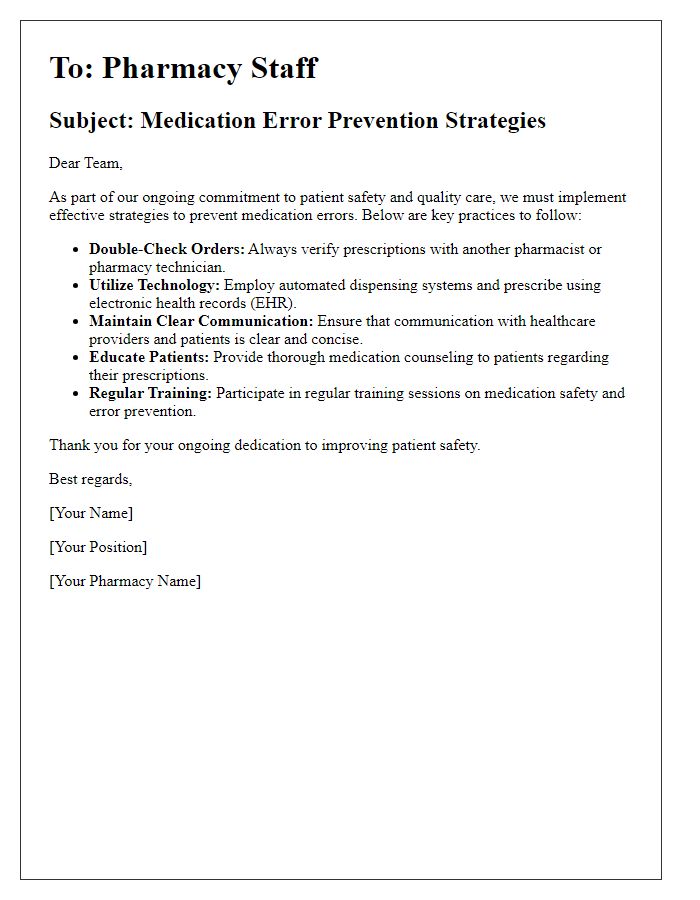 Letter template of medication error prevention strategies for pharmacy staff.