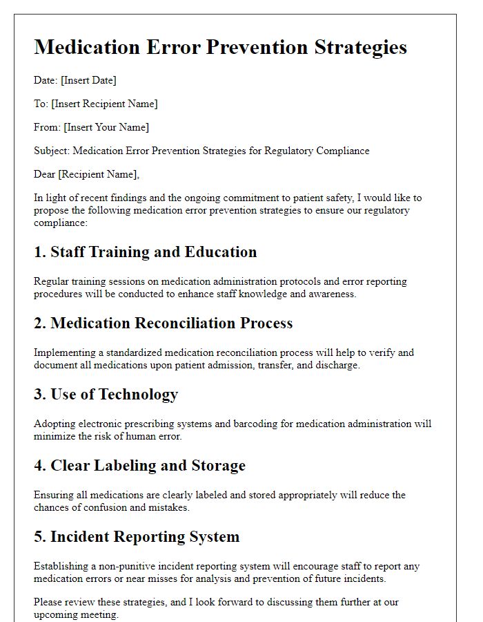 Letter template of medication error prevention strategies for regulatory compliance.