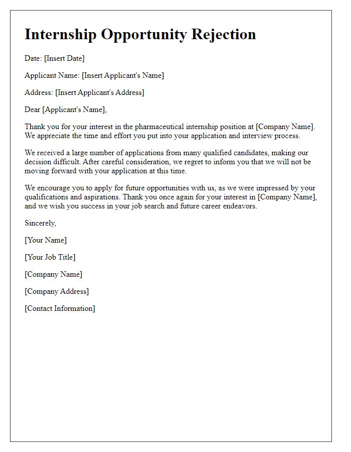 Letter template of pharmaceutical internship opportunity rejection